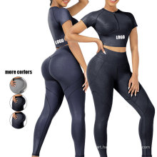 custom logo two pieces summer short sleeve high waist 2021 women gym fitness yoga sets